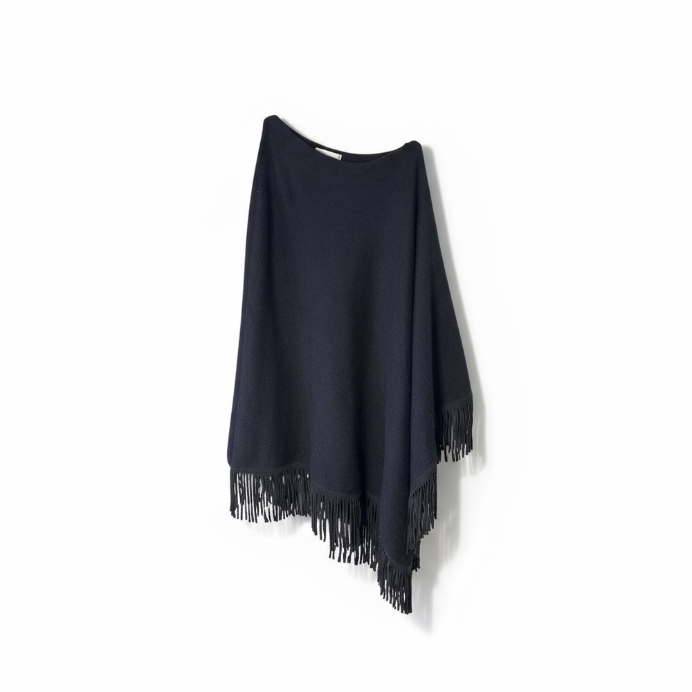 Neiman Marcus Fringe Poncho One Size Suedette Trim Black Viscose Poly Nylon Boho